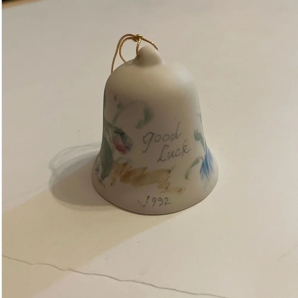 1992 Good Luck Bell Signed Floral Hand Painted Ceramic Unglazed